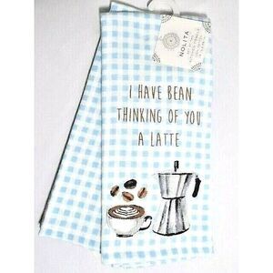 I Have Bean Thinking of You a Latte Kitchen Towels Coffee Blue White Check 2-Pc
